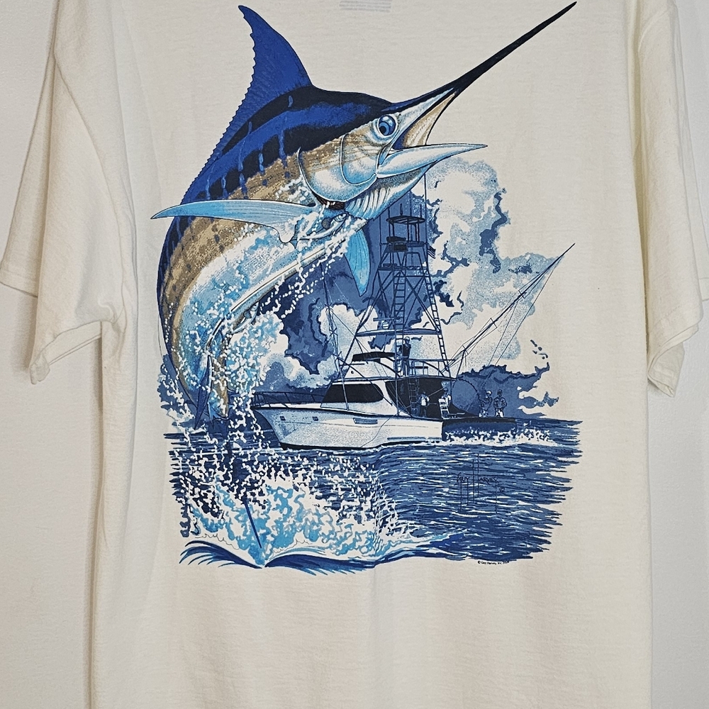 Guy Harvey Men's White Cotton T-Shirt with Blue Swordfish.